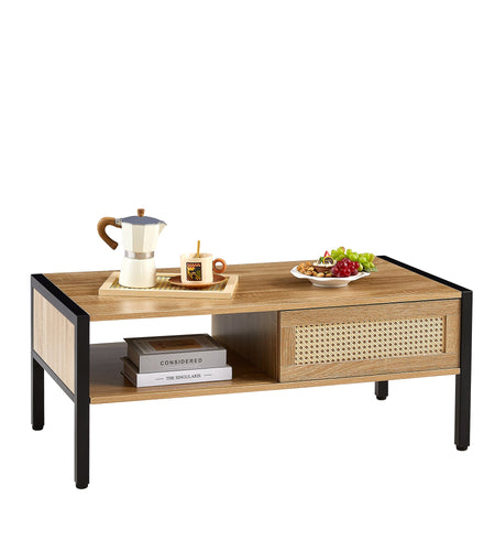 40.16" Rattan Coffee table, sliding door for storage, metal legs, Modern table for living room , natural