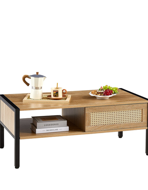 Load image into Gallery viewer, 40.16" Rattan Coffee table, sliding door for storage, metal legs, Modern table for living room , natural
