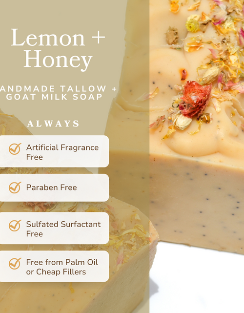 Load image into Gallery viewer, Lemon + Honey + Poppy Seed Handmade Tallow and Goat Milk Soap Bar
