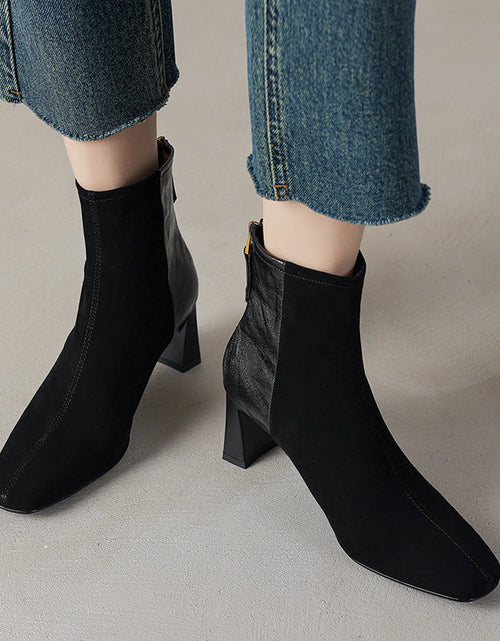 Load image into Gallery viewer, Women's Sheepskin Square Toe Chunky Heel Ankle Boots – Korean Patchwork Style
