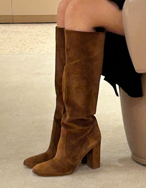 Load image into Gallery viewer, Suede Pleated High Heel Thick Heel Pointed Sleeve Boots
