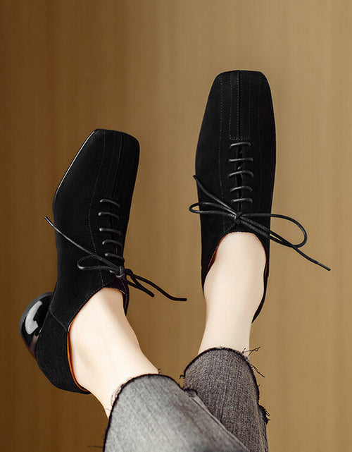 Load image into Gallery viewer, Women's Retro Sheepskin Square Toe Chunky Heel Pumps – Lace-Up Mid Heel
