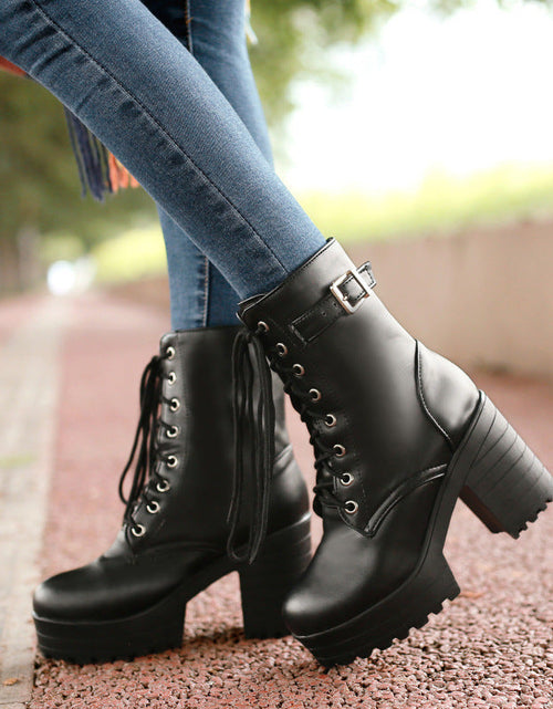 Load image into Gallery viewer, Women’s Chunky Heel PU Martin Boots – Stylish Ankle Combat Boots
