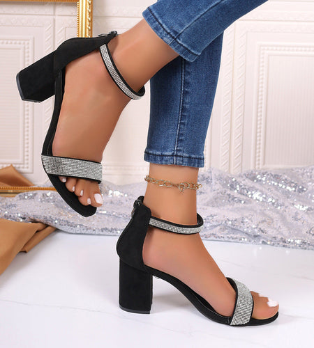 Rhinestone High Heel Sandals Summer Chunky Square Heel Sandals