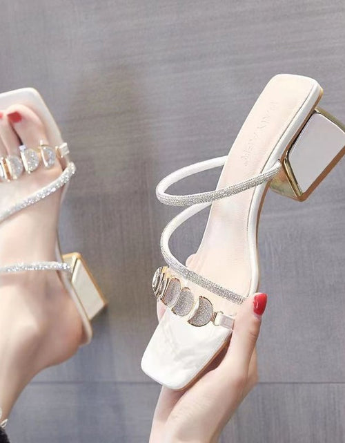 Load image into Gallery viewer, Women's Korean Style Rhinestone Single Strap Slide Sandals – Mid Chunky Heel
