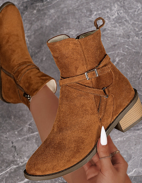Load image into Gallery viewer, Cross-Strap Side-Zipper Mid-Heel Ankle Boots Women
