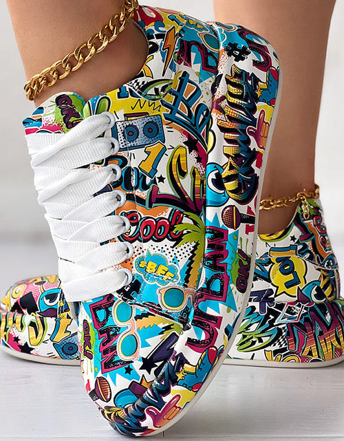 Load image into Gallery viewer, Round-Toe Thick-Sole Lace-Up Sneakers — Women’s Casual Print Shoes
