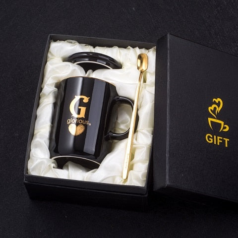 Load image into Gallery viewer, 400ml Creative Gold Finger Printing Black Ceramic Coffee Mug Tea Cup With Gold Handle As Gift With Lid And Spoon

