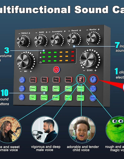Load image into Gallery viewer, V8S Audio Mixer with Voice changer,Podcast Mixer,Sound Card for Phone Gaming Karaoke Studio Live Streaming Podcast
