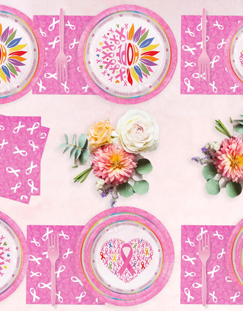 Load image into Gallery viewer, Detanpoly 96pcs Breast Cancer Awareness Pink Ribbon Plates Napkins Forks Set
