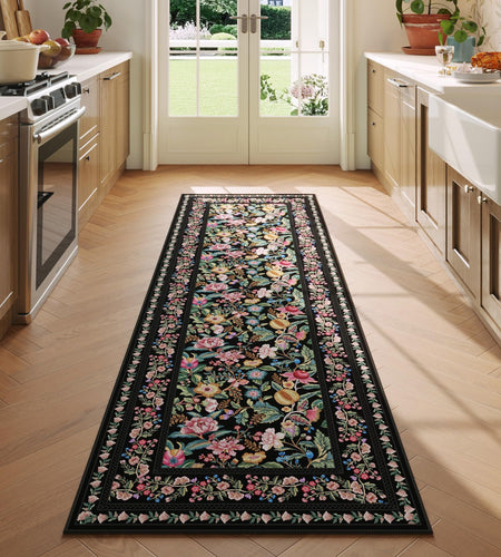 Vowkten Kitchen Runner Rug 2'x6' Non Slip Washable Black Vintage Polyester
