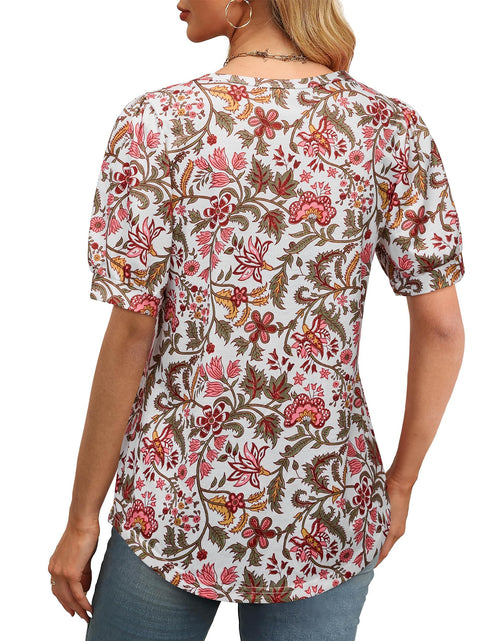 Load image into Gallery viewer, Uhiger Womens Summer Pleated Puff Sleeve Top Crewneck White Orange Flower Size S
