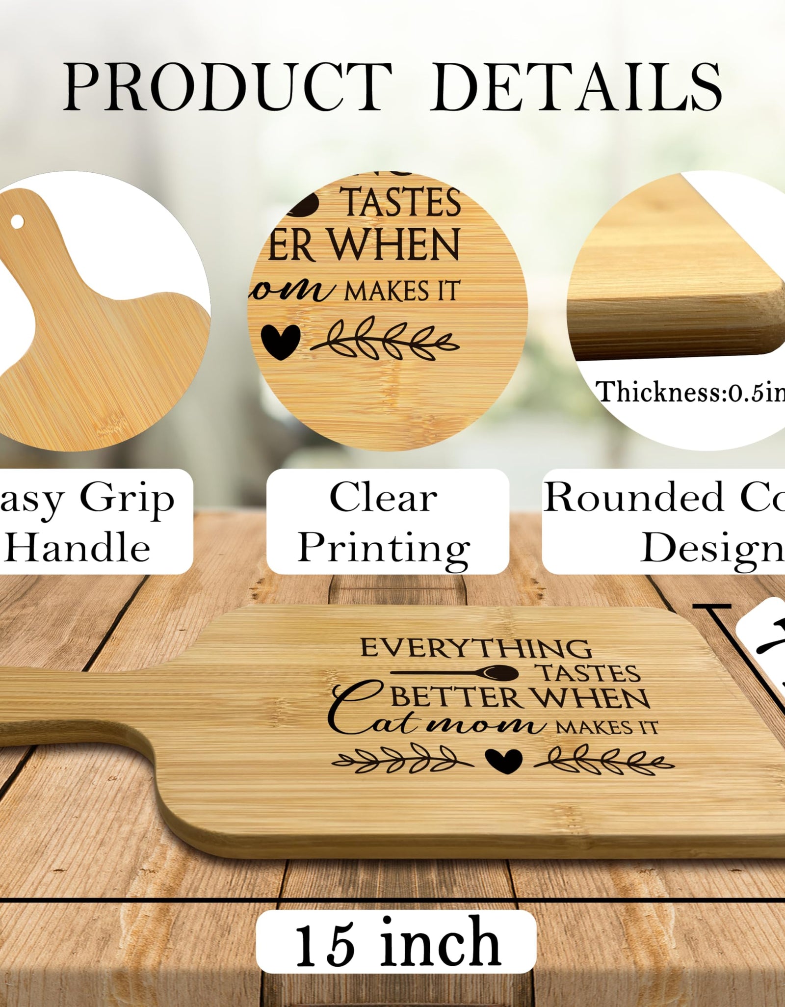FONDCANYON Cat Mom 15x7 Cutting Board with Handle Kitchen Gift