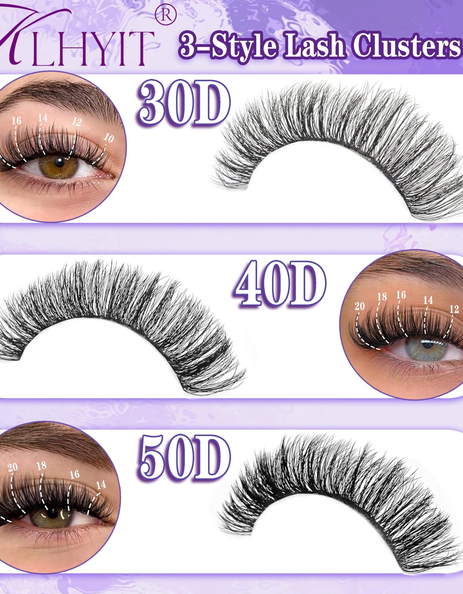 KLHYIT Wispy Lash Clusters 300PCS 10-22mm Mixed D C 30D-50D Eyelash Extensions