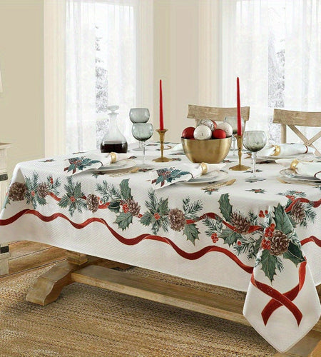 Christmas table runner with pine holly needle, holiday dining decor