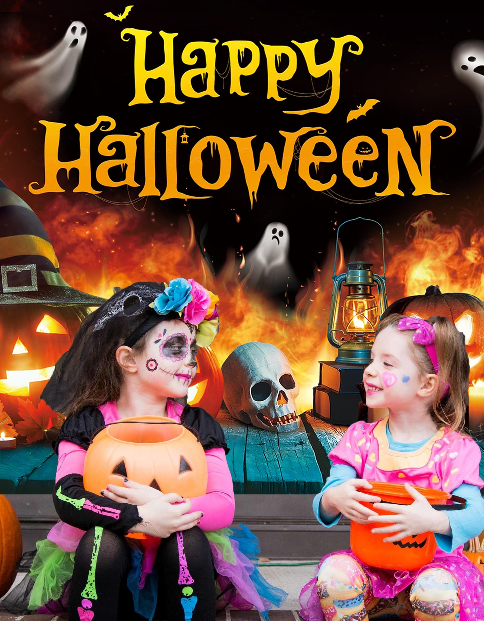 Happy Halloween Backdrop Ghost Pumpkin Flame Haunted House Party Banner 6x4FT