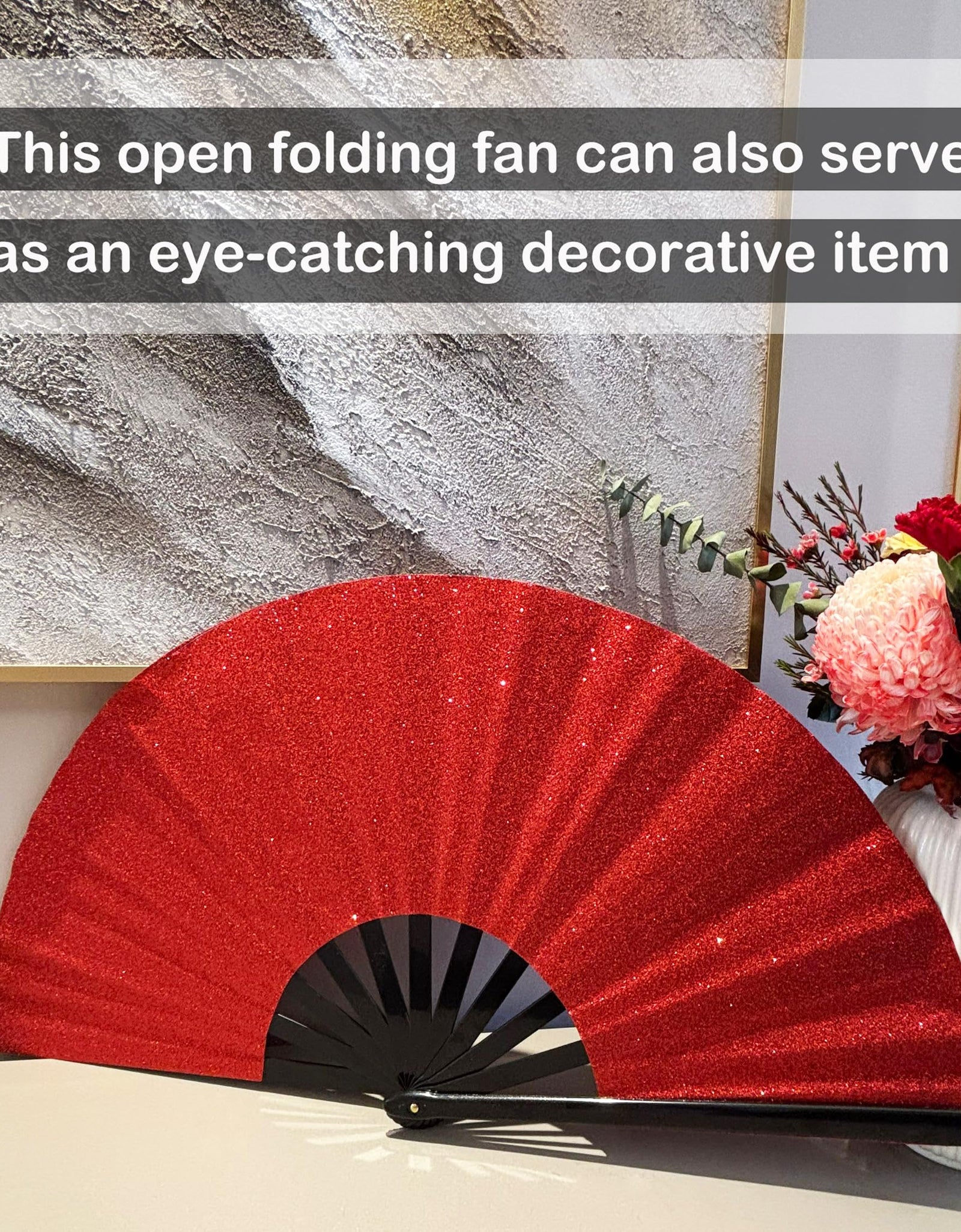 GeGeYa Large Folding Hand Fan Red Glitter for Dance Party Outdoor Decor