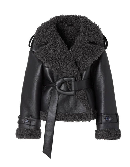 Load image into Gallery viewer, Autumn and winter collar fur one-piece short jacket waist cinching fashionable women's jacket
