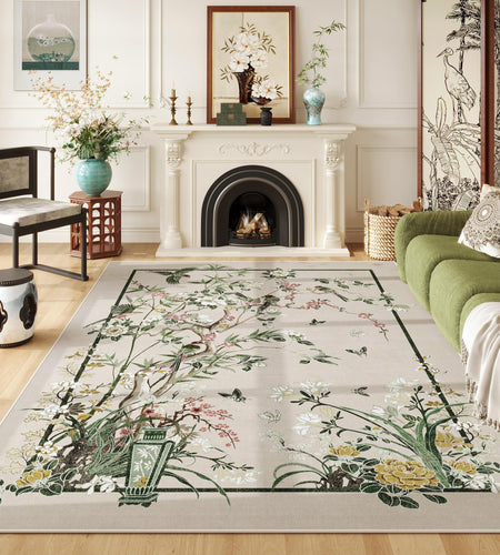 Vowkten 5x7 Chinoiserie Floral Vintage Washable Rug Non Slip Beige