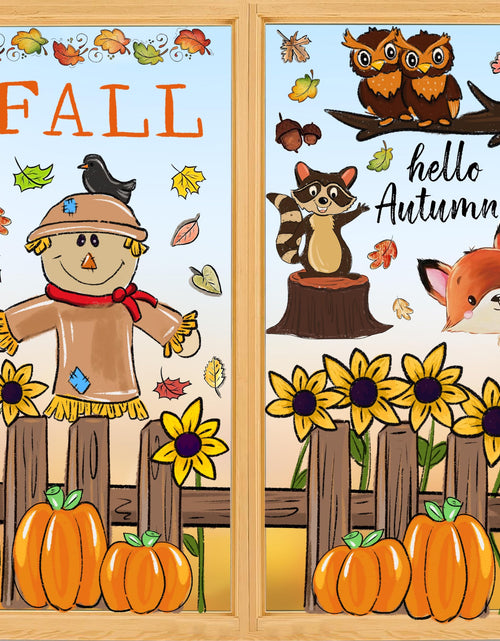 Load image into Gallery viewer, OWUH Fall Window Clings 6 Sheets Pumpkin Maple Leaves Scarecrow Brown
