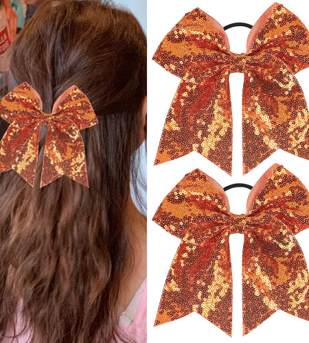 Xepeelo 2Pcs Orange Glitter Bow Elastic Hair Ties Bands Ponytail Holder 1 Count