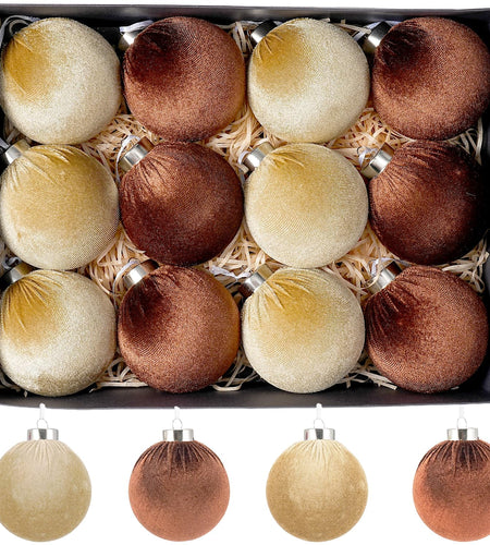 Xmastell 12 Pcs Velvet Christmas Ornaments Set Coffee Brown 3.15 Inch
