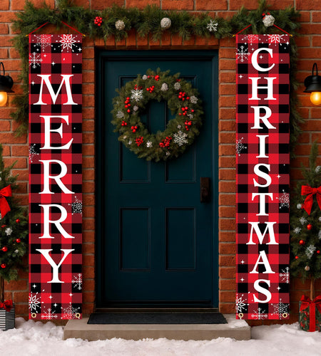 X-Protector Merry Christmas Buffalo Plaid Banner 71x13 Red