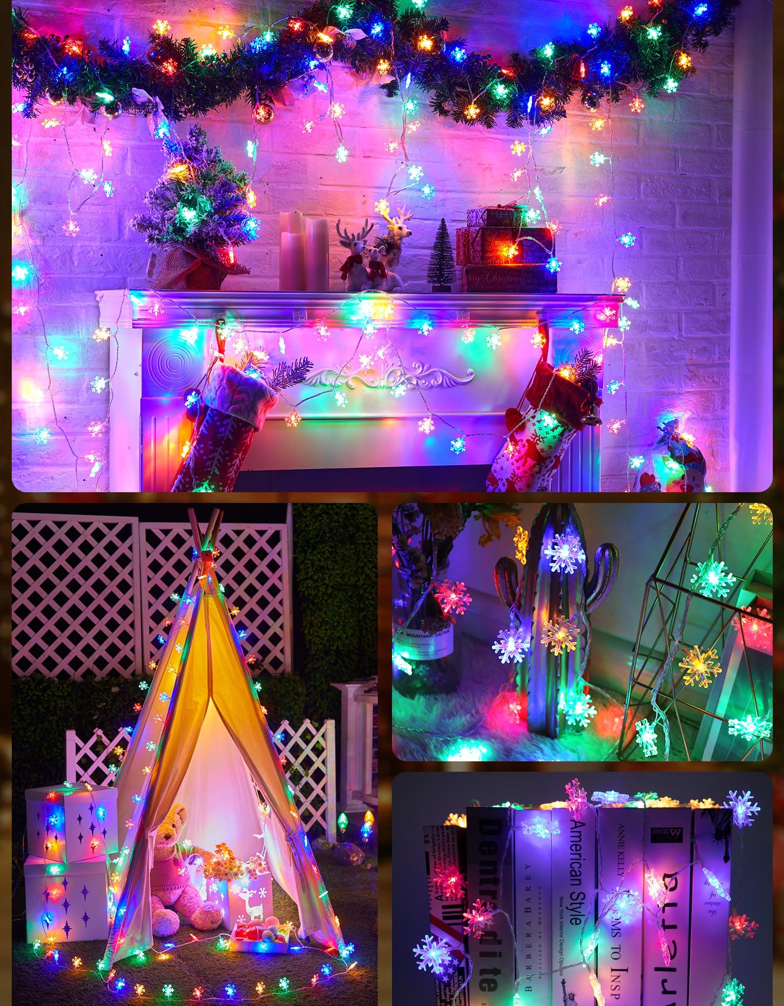 Minetom 4 Pack 30Ft 15 LED Multicolor Snowflake Holiday Lights Waterproof