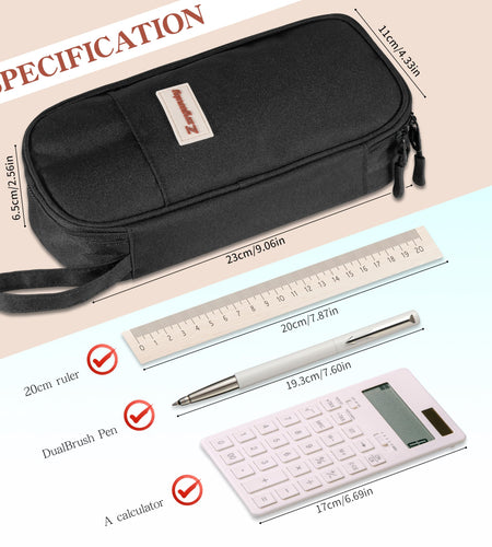 Zzrywuty Large Zipper Pen Case Pencil Pouch for Office Travel Black