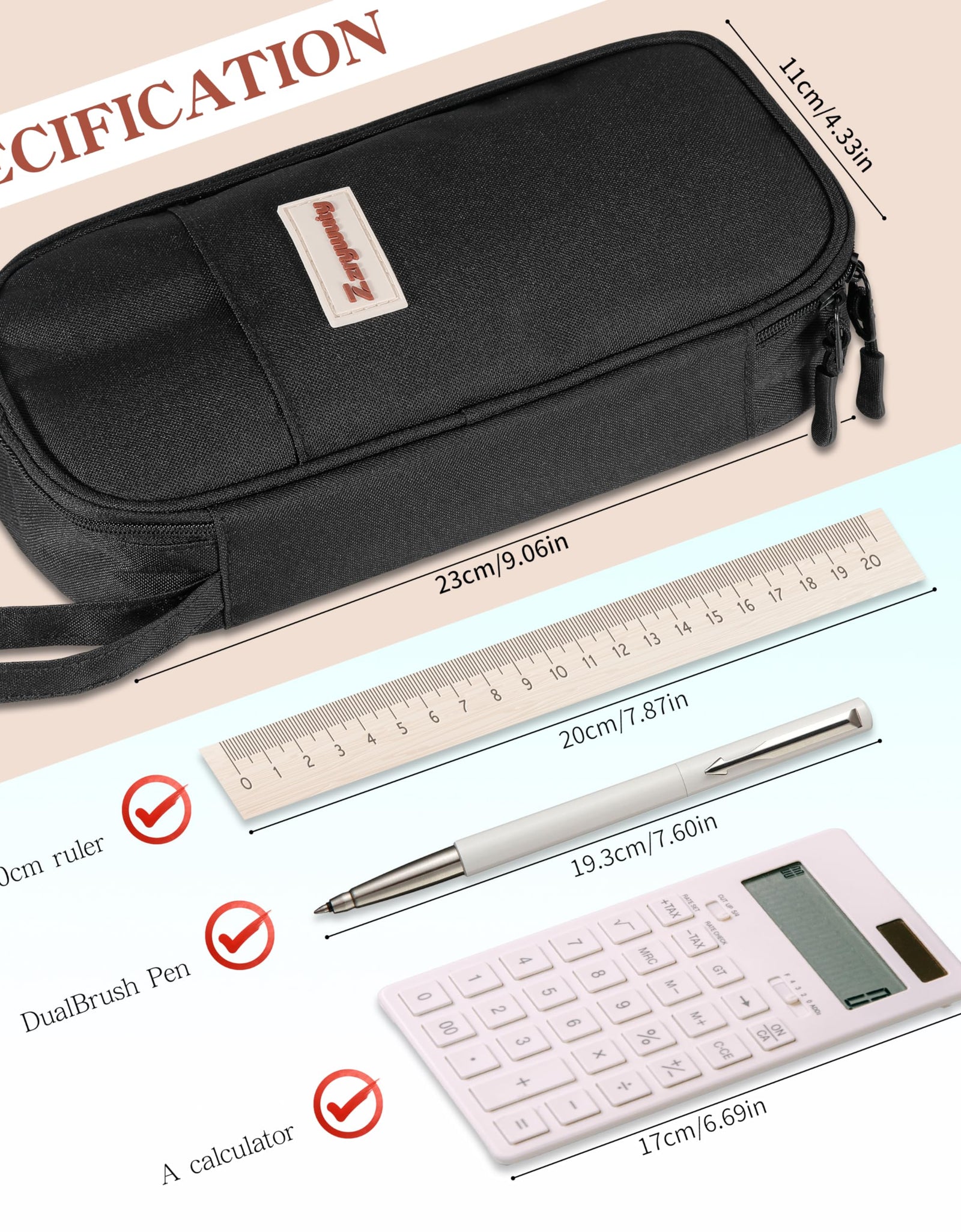 Zzrywuty Large Zipper Pen Case Pencil Pouch for Office Travel Black