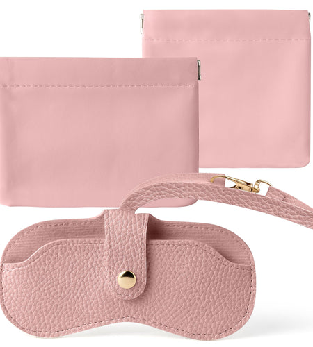 GQIRIL Mini Travel Cosmetic Bag Set 3PCS Waterproof Leather Pink
