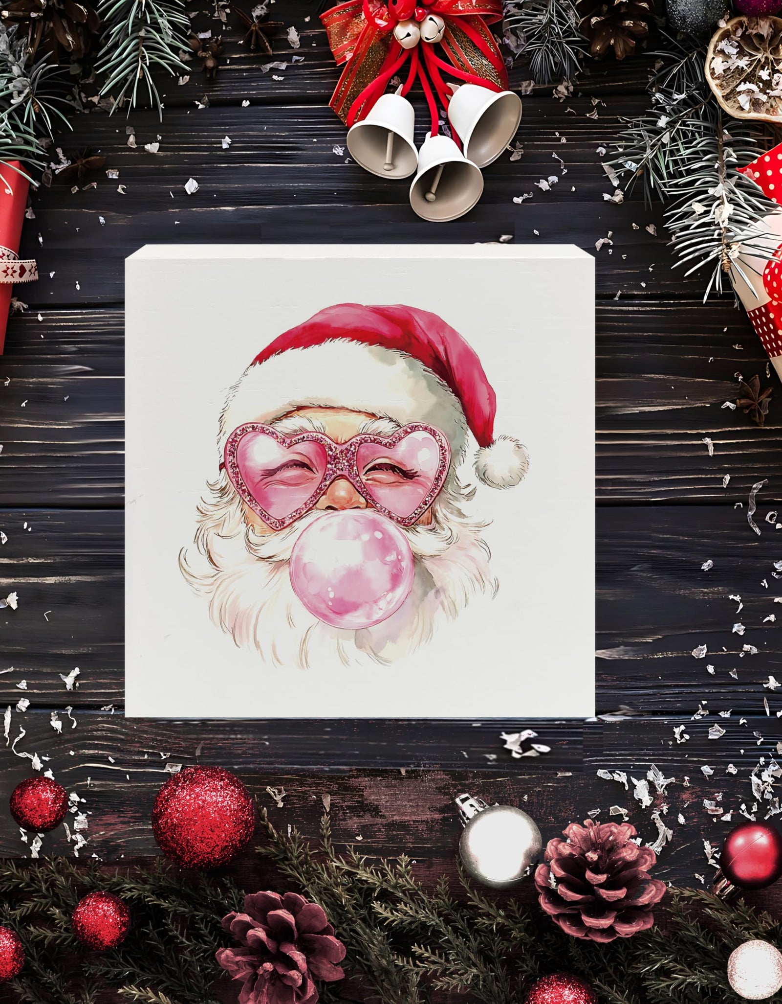 XUNLURY Santa Wooden Box Sign Pink Christmas Decor 5x5 Inch