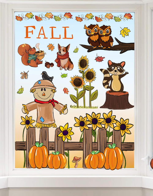 Load image into Gallery viewer, OWUH Fall Window Clings 6 Sheets Pumpkin Maple Leaves Scarecrow Brown
