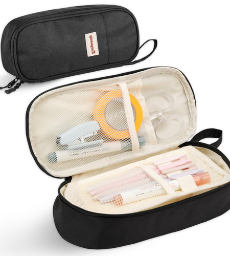 Zzrywuty Large Zipper Pen Case Pencil Pouch for Office Travel Black