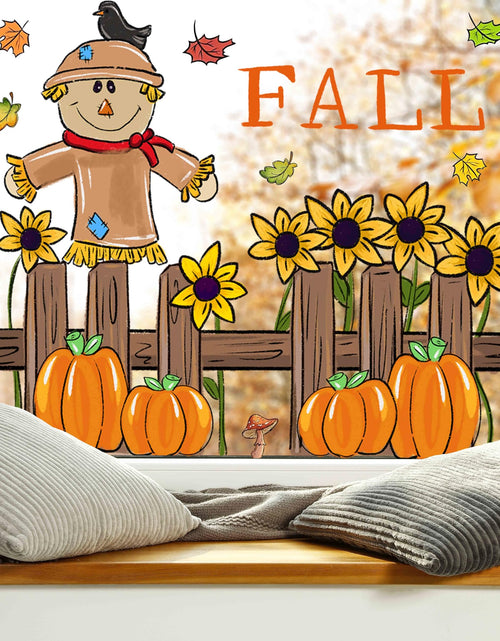Load image into Gallery viewer, OWUH Fall Window Clings 6 Sheets Pumpkin Maple Leaves Scarecrow Brown
