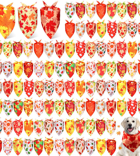 Preboun 100Pcs Fall Thanksgiving Dog Bandanas Pumpkin Maple Leaves Yellow Orange