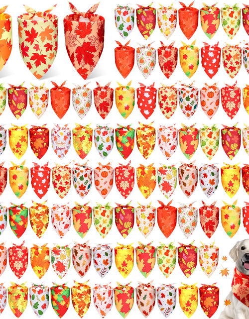 Load image into Gallery viewer, Preboun 100Pcs Fall Thanksgiving Dog Bandanas Pumpkin Maple Leaves Yellow Orange
