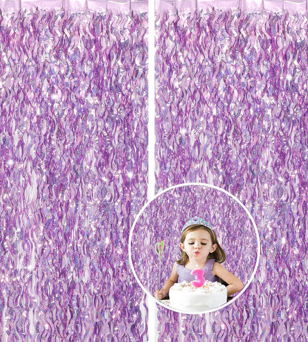 WBinFeng Lilac Pink Wave Party Backdrop Foil Fringe Curtain Streamers 2 Pack