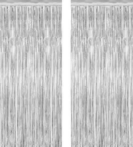 ZATAYE 2 Pack Tinsel Backdrop 3.28x7.05 FT Silver Metallic Foil Curtains