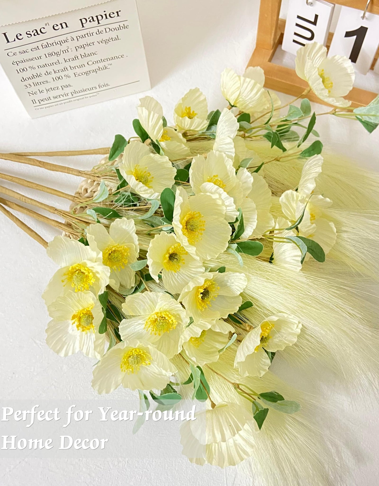 NoriStyle Silk White Artificial Poppy Flowers 6 Pcs Long Stems Indoor Decor
