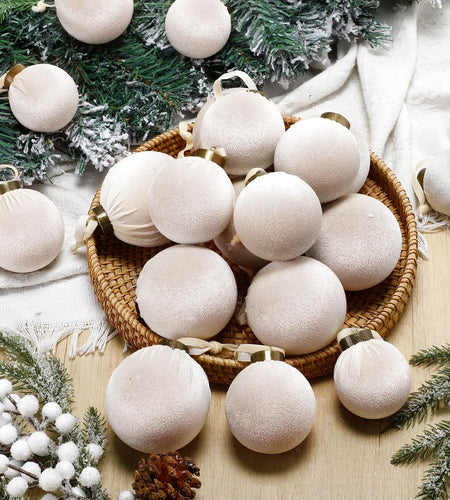 HyDren 24Pcs Beige Velvet Shatterproof Christmas Ornaments Balls 3.15,2.76,2.36"