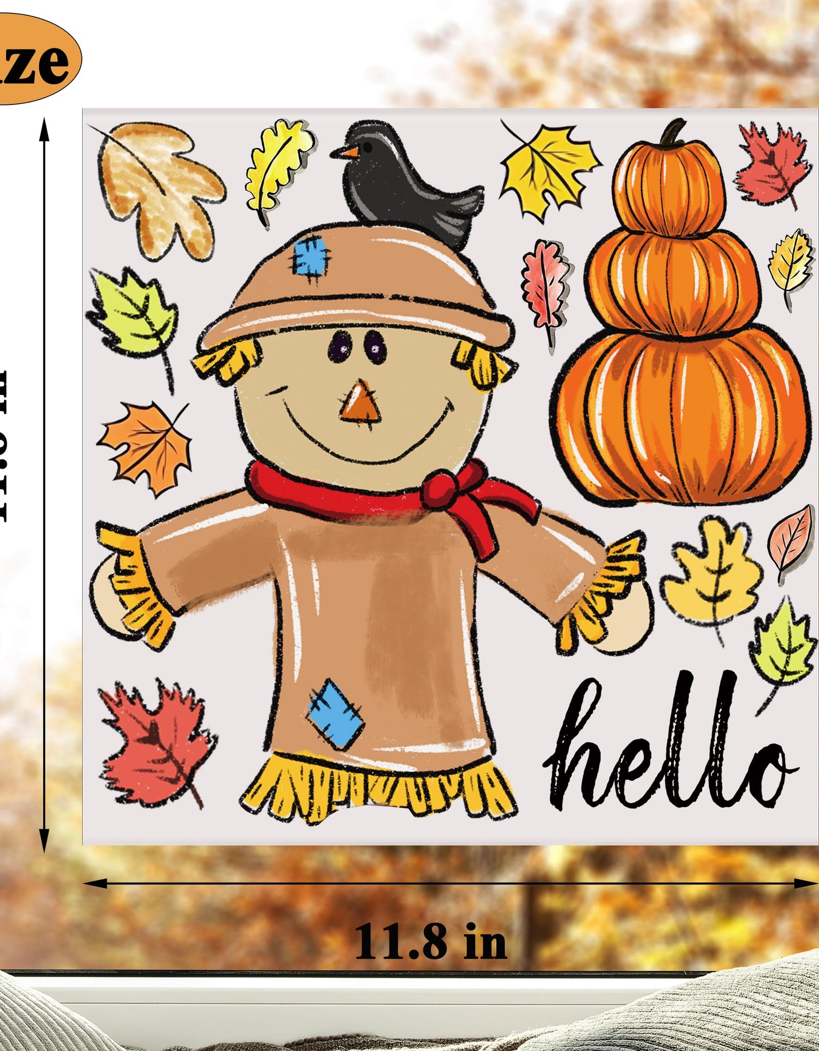 OWUH Fall Window Clings 6 Sheets Pumpkin Maple Leaves Scarecrow Brown