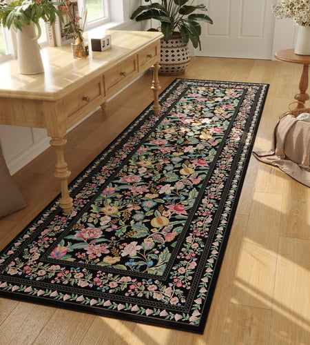 Vowkten Kitchen Runner Rug 2'x6' Non Slip Washable Black Vintage Polyester