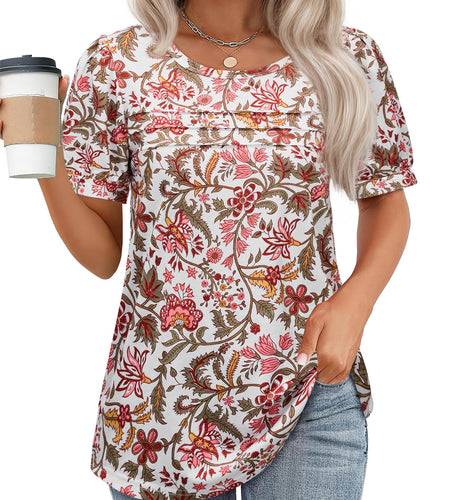Uhiger Womens Summer Pleated Puff Sleeve Top Crewneck White Orange Flower Size S