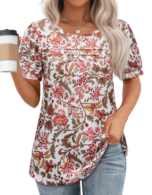 Load image into Gallery viewer, Uhiger Womens Summer Pleated Puff Sleeve Top Crewneck White Orange Flower Size S
