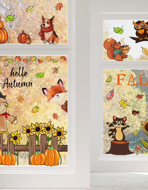 Load image into Gallery viewer, OWUH Fall Window Clings 6 Sheets Pumpkin Maple Leaves Scarecrow Brown
