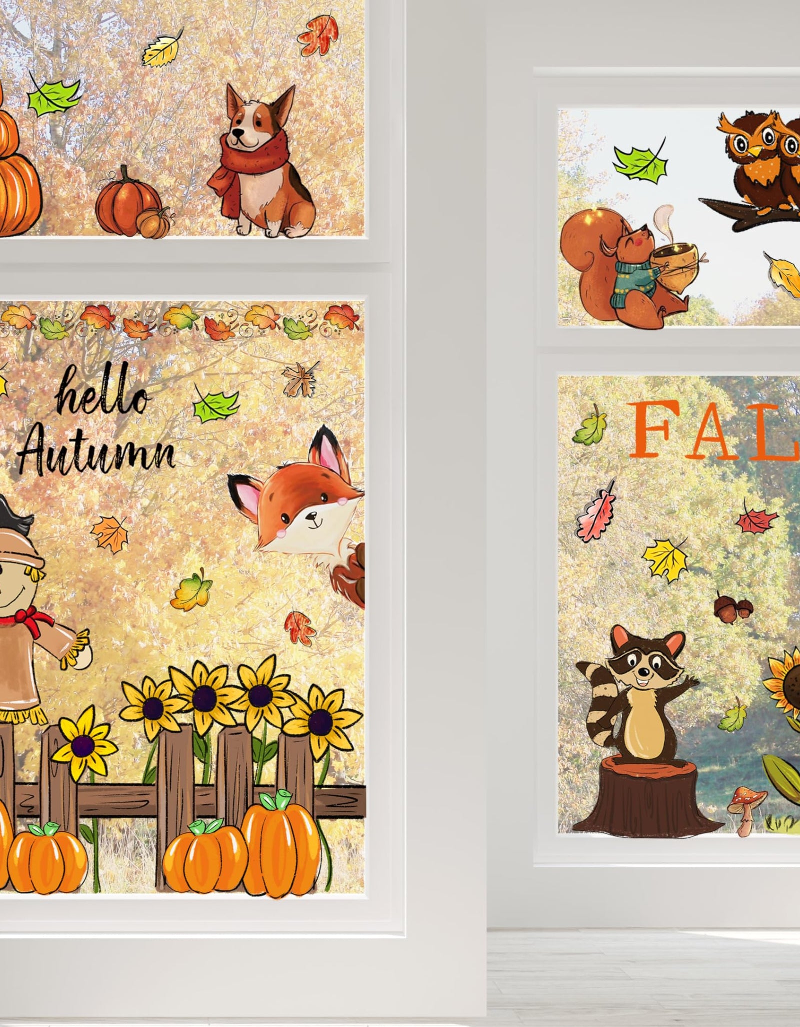 OWUH Fall Window Clings 6 Sheets Pumpkin Maple Leaves Scarecrow Brown
