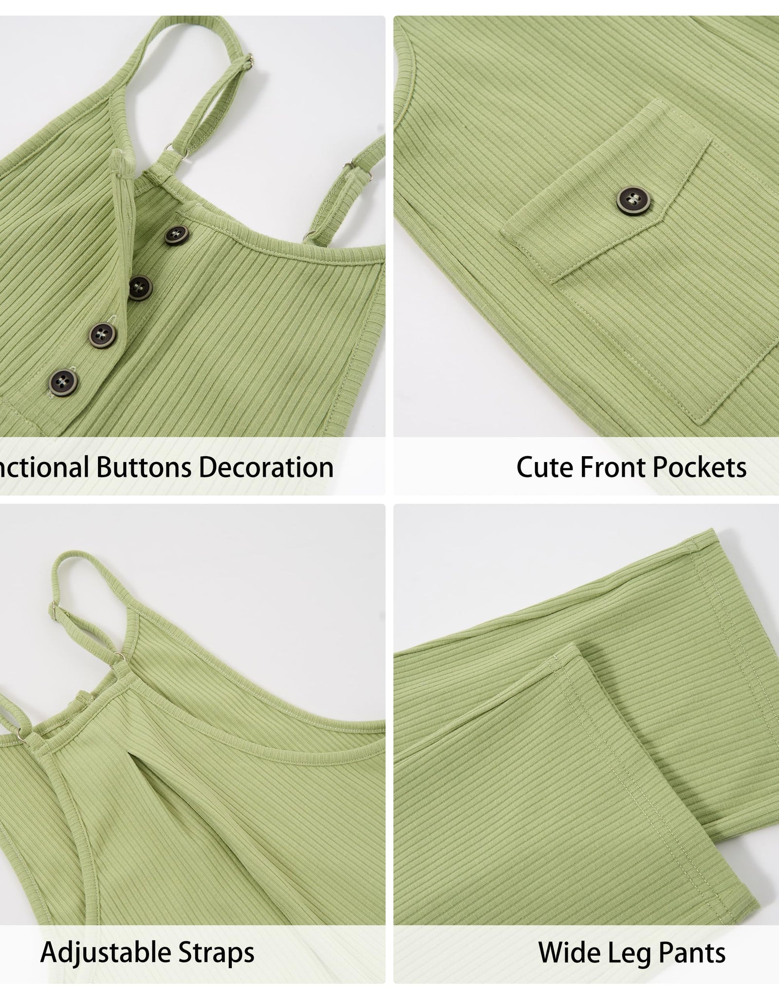 Rolanko Girls Jumpsuit Spaghetti Strap Romper Wide Leg Pockets Green Size 10-11Y