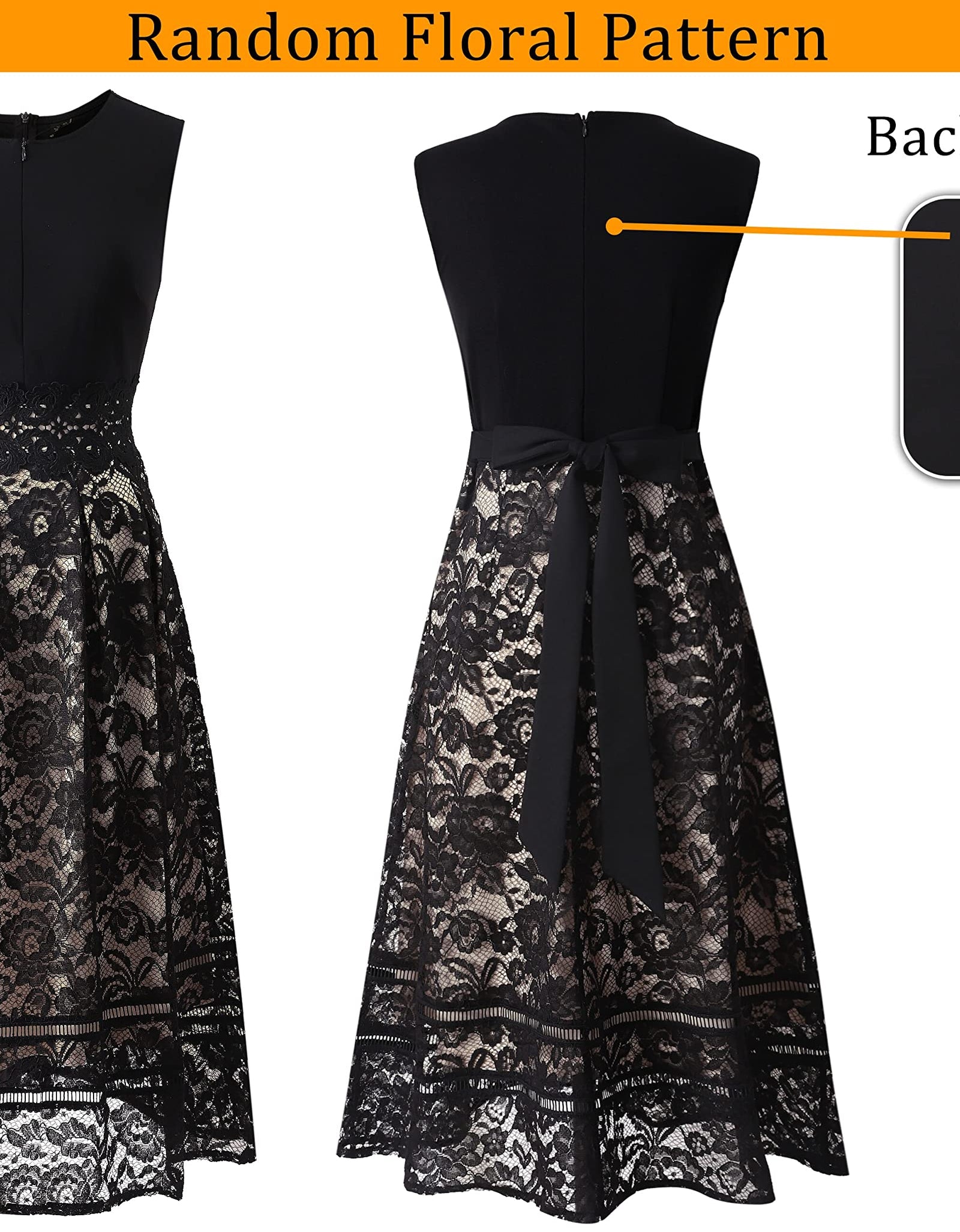 VFSHOW Womens Black Lace Tie Waist Front Zipper Slim A-Line Dress Size L