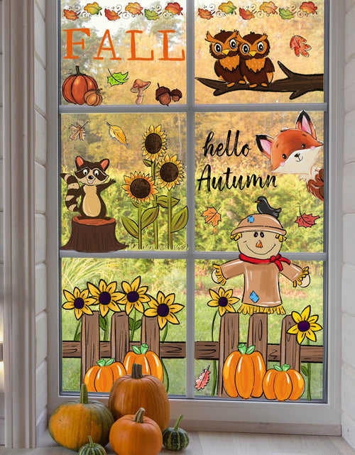 Load image into Gallery viewer, OWUH Fall Window Clings 6 Sheets Pumpkin Maple Leaves Scarecrow Brown
